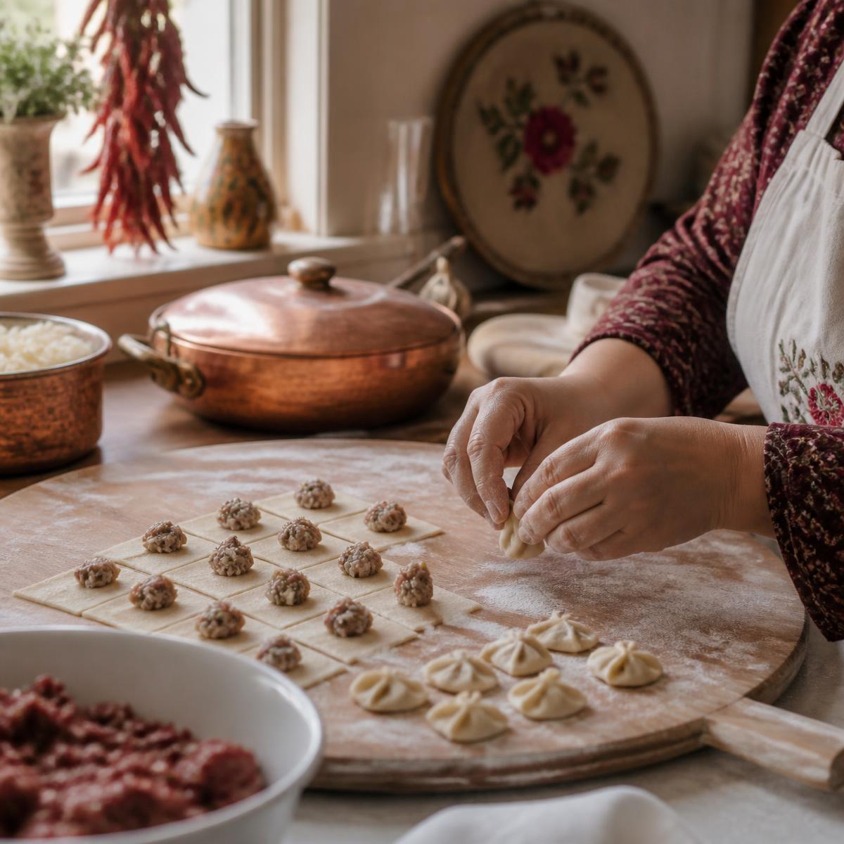 Preparing homemade Turkish manti by hand